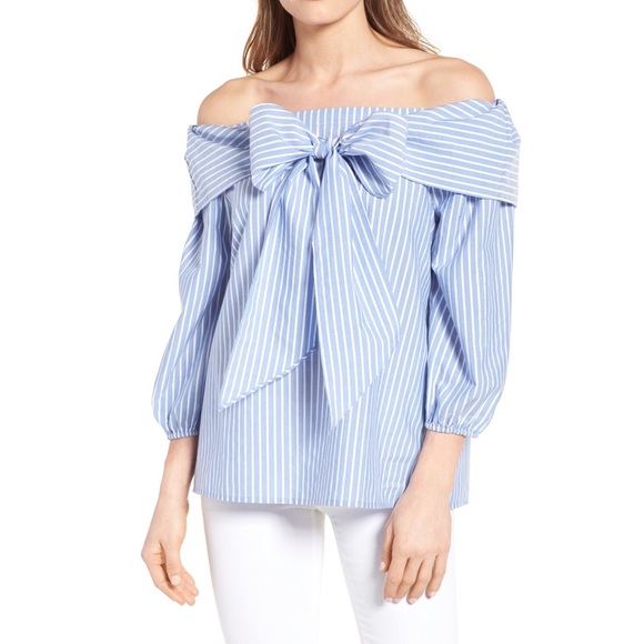 Pleione Tops - Pleione front off the shoulder blue white top